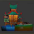 Traditional Chinese Pavilion Featuring Green Tiled Roof Red Accents Wooden Structure And Water Features