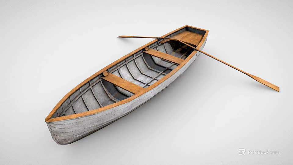 Classic Wooden Boat With Gray Hull And Wooden Oar On White Background 3d model 