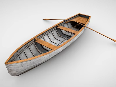 Classic Wooden Boat With Gray Hull And Wooden Oar On White Background 3d model