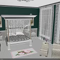 Warm Bedroom Interior With White Canopy Bed Green Walls Patterned Chairs And Pink Floral Rug