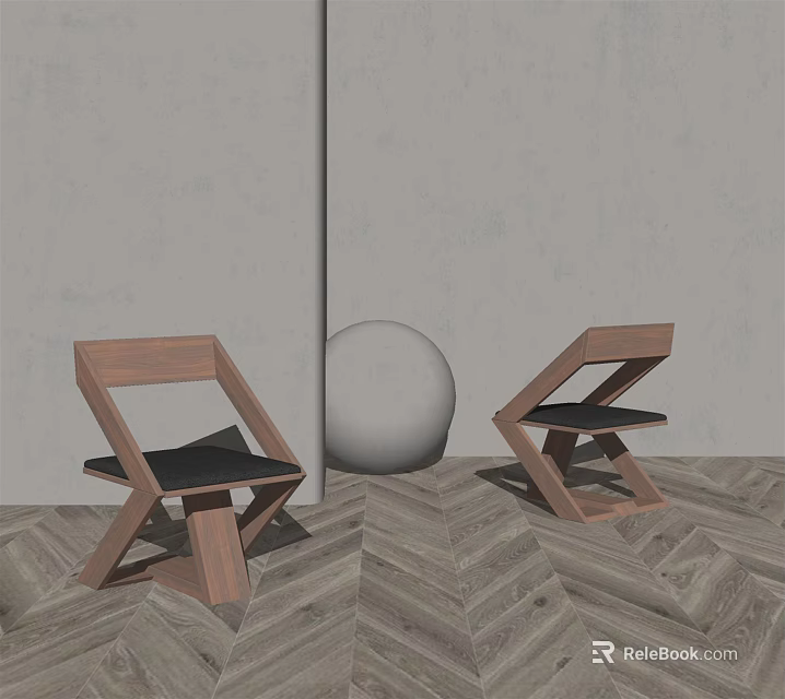 Modern Geometric Lounge Chair With Wooden Frame Black Cushion And Herringbone Wood Floor 3d model 
