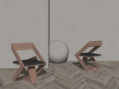 Modern Geometric Lounge Chair With Wooden Frame Black Cushion And Herringbone Wood Floor 3d model