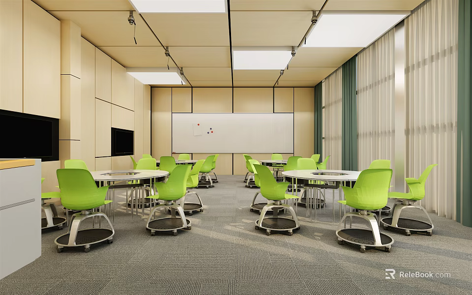 School Classroom With Green Chairs White Desks Whiteboard And Modern Lighting Setup 3d model 