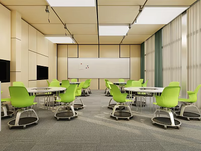 School Classroom With Green Chairs White Desks Whiteboard And Modern Lighting Setup 3d model