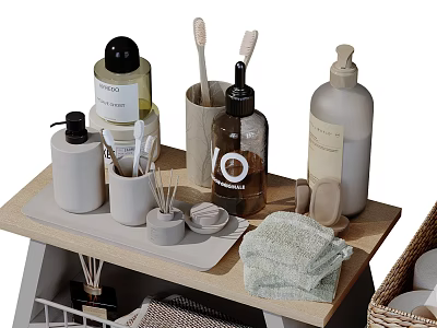 Minimalist Bathroom Set With Aromatherapy Bottles Toothbrush And Towel On Wooden Shelf 3d model