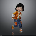 Cheerful Cartoon Girl With Black Short Hair In Red Embroidered Jacket And Blue Pants Dancing