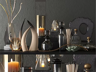 Elegant Modern Decorative Ornament Set With Glass Vases Candles And Metallic Sculptures 3d model