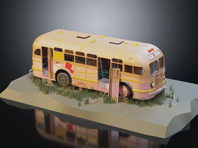 Vintage Cream Bus Model With Yellow Lines On Grass Platform Base 3d model