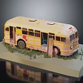 Vintage Cream Bus Model With Yellow Lines On Grass Platform Base 3d model