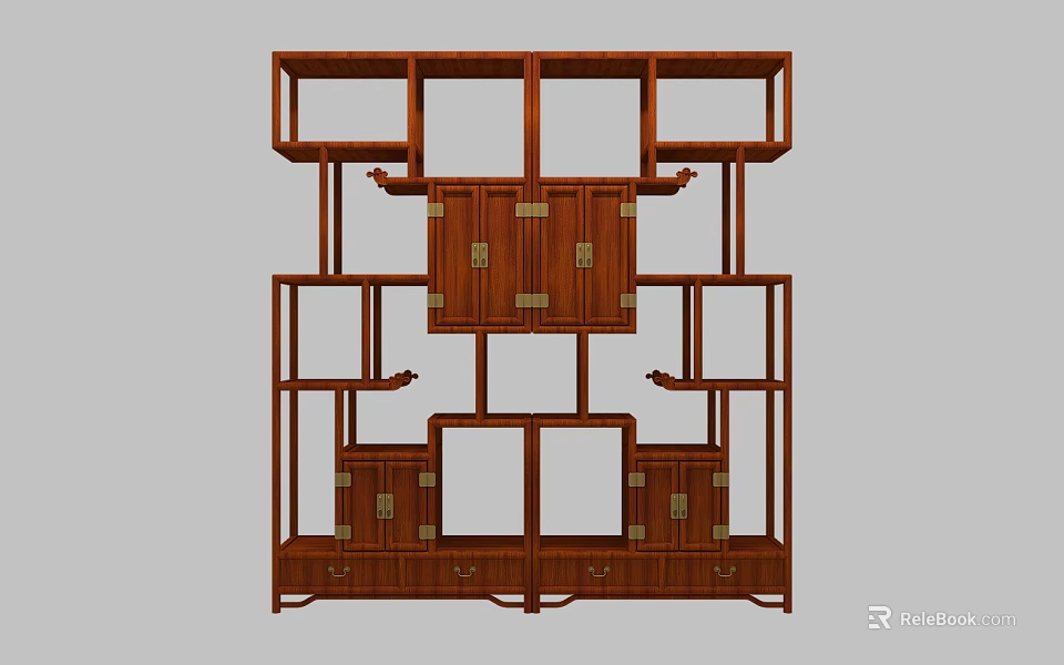 Traditional Chinese Dark Brown Wooden Display Shelf With Multiple Compartments And Brass Fittings 3d model 
