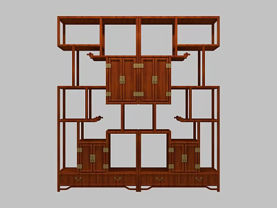 Traditional Chinese Dark Brown Wooden Display Shelf With Multiple Compartments And Brass Fittings 3d model