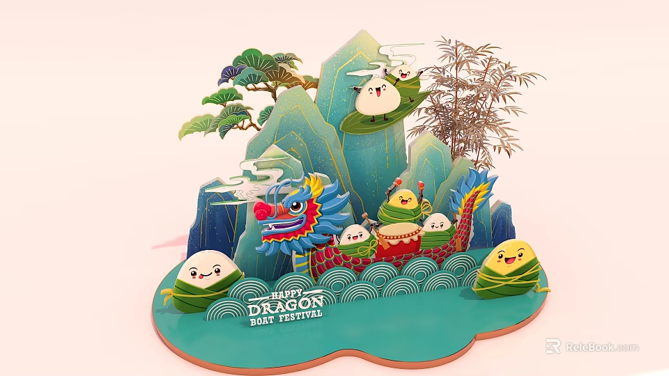 Happy Dragon Boat Festival Decorative Scene With Dragon Boat Rice Dumplings And Mountains 3d model 