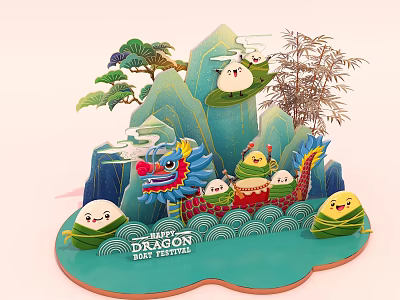 Happy Dragon Boat Festival Decorative Scene With Dragon Boat Rice Dumplings And Mountains 3d model