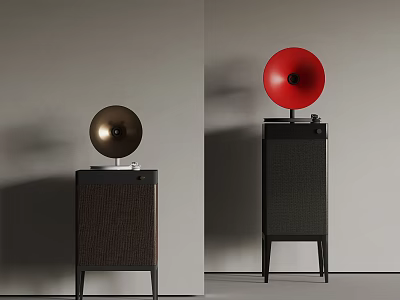 Two Stylish Audio Speakers With Red And Round Horns On Dark Cabinets Against Light Wall 3d model