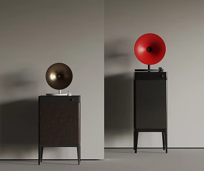 Two Stylish Audio Speakers With Red And Round Horns On Dark Cabinets Against Light Wall 3d model