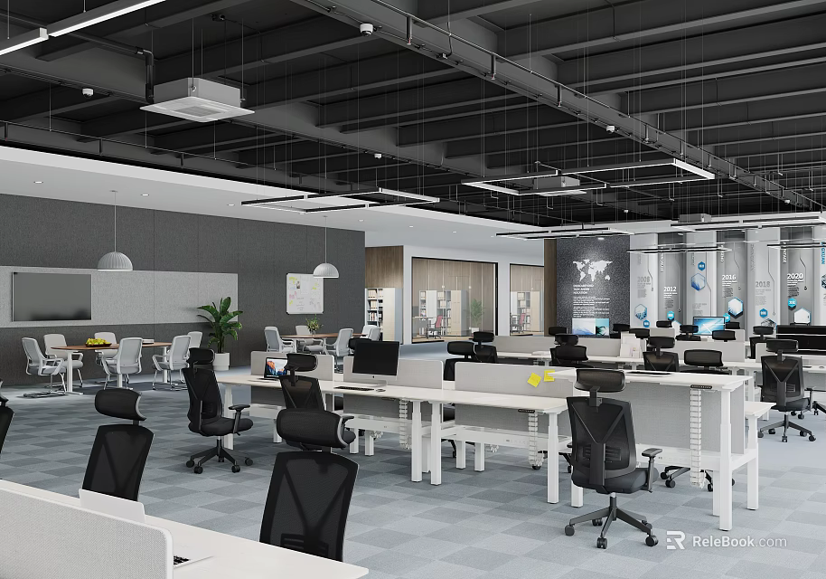Modern Public Office Space with Open Layout Work Desks Ergonomic Chairs and Pendant Lights 3d model 
