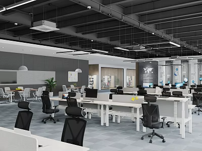 Modern Public Office Space with Open Layout Work Desks Ergonomic Chairs and Pendant Lights 3d model
