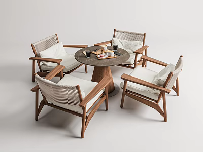 Modern Wooden Rattan Table Chair Set With White Cushions Round Top 3d model