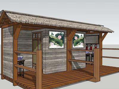 Traditional Wooden Pavilion Design With Thatched Roof Gray Plank Walls And Lotus Paintings 3d model