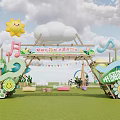 Cute Smiley Face And Yellow Umbrella Decor With White Flowers On Green Grass