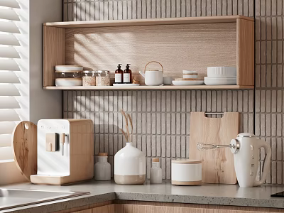 Modern Dinnerware Set Display On Kitchen Wooden Shelf With Bowls Plates And Jars 3d model