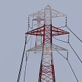 Red And White Steel Electricity Transmission Towers With Multiple Power Lines Against Clear Sky