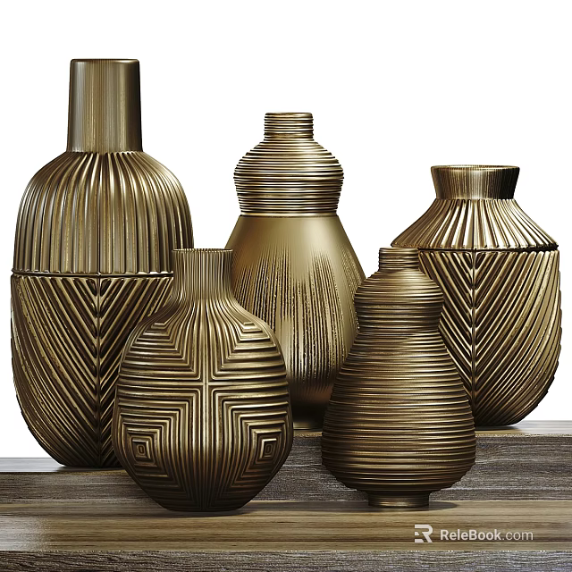 Golden Decorative Vases With Various Textures And Different Shapes For Home Decor 3d model 