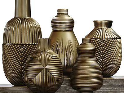 Golden Decorative Vases With Various Textures And Different Shapes For Home Decor 3d model