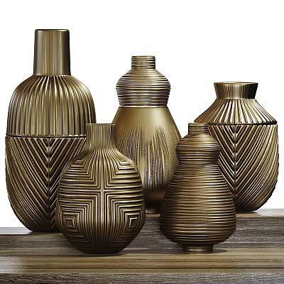 Golden Decorative Vases With Various Textures And Different Shapes For Home Decor 3d model