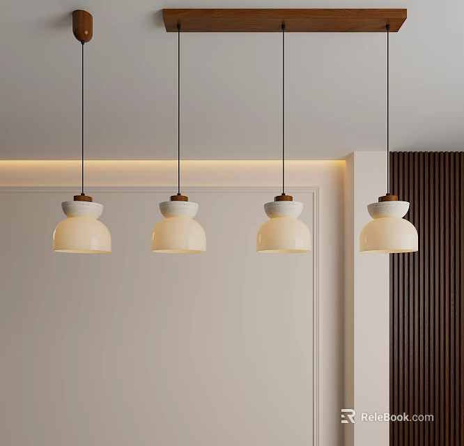 Minimalist Pendant Lights with White Shades and Wooden Bases Hanging in Modern Interior Setting 3d model 