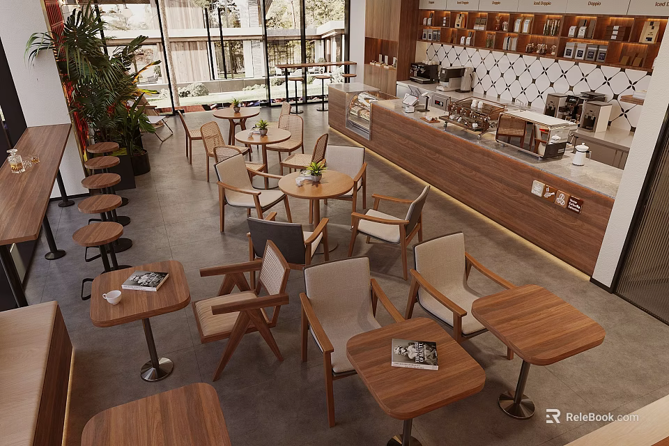 Cozy Modern Cafe Interior With Wooden Tables Chairs Green Plants Coffee Bar 3d model 