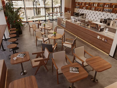 Cozy Modern Cafe Interior With Wooden Tables Chairs Green Plants Coffee Bar 3d model