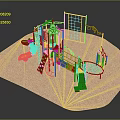 Colorful Children's Playground Structure With Slide Climbing Net Swing On Sand Surface
