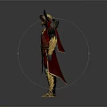 Game Movie Character In Ornate Fantasy Red Gold Armor With Horned Helmet