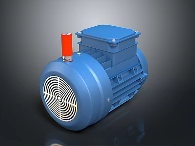Blue Electric Motor With Red Terminal And Cooling Fan Enclosure Structure 3d model