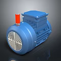 Blue Electric Motor With Red Terminal And Cooling Fan Enclosure Structure
