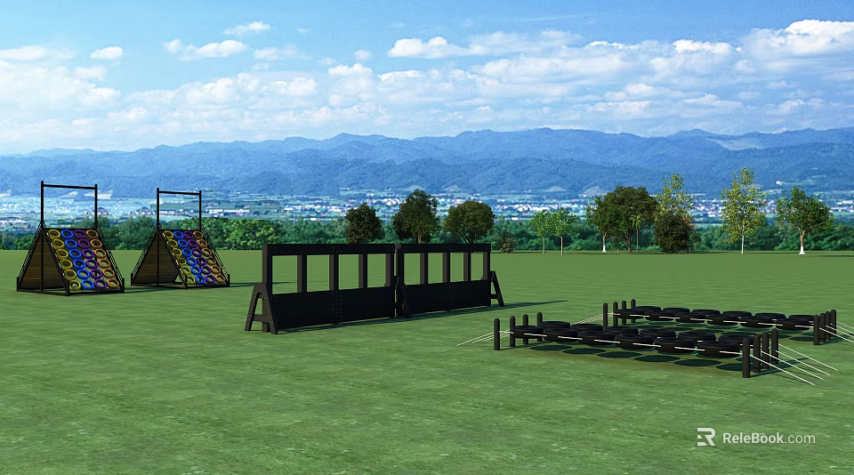 Outdoor Play Equipment on Green Lawn with Black Obstacles and Mountain View under Blue Sky 3d model 