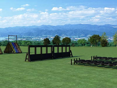 Outdoor Play Equipment on Green Lawn with Black Obstacles and Mountain View under Blue Sky 3d model