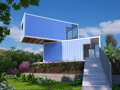 Two Story Blue Container Building With Windows Door Greenery Lawn And Stairs 3d model