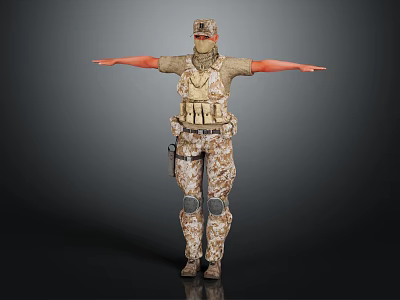 Military Character In Camouflage Uniform With Tactical Gear Standing With Arms Extended 3d model