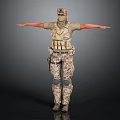 Military Character In Camouflage Uniform With Tactical Gear Standing With Arms Extended