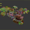 Cartoon Scene Featuring Wooden Treehouse With Green Leaves Small Buildings And Red Flag