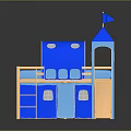 Blue Castle Shaped Two Level Play Equipment With Wooden Slide Flag Windows And Door
