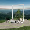 Outdoor Interactive Area With White Frame Chairs Small Table Plants And Mountain View