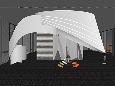 Modern Interior Space Featuring White Curved Structure Striped Partition Black Carpet Displayed Shoes And Windows 3d model