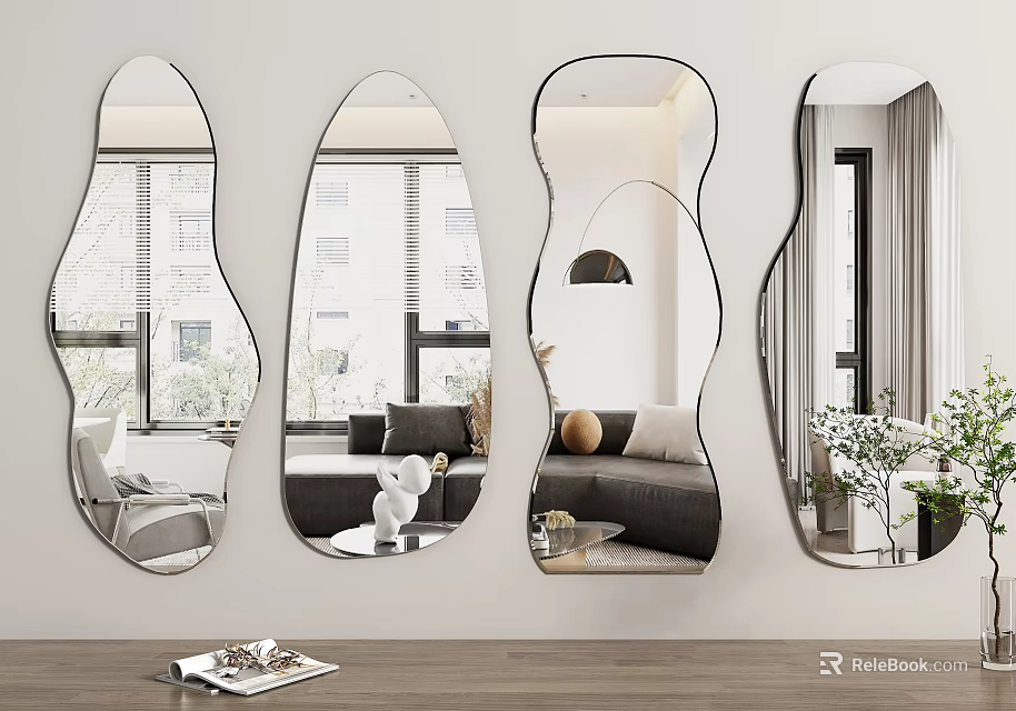Multiple Irregular Shaped Mirrors On Indoor Wall Reflecting Furniture And Plants 3d model 