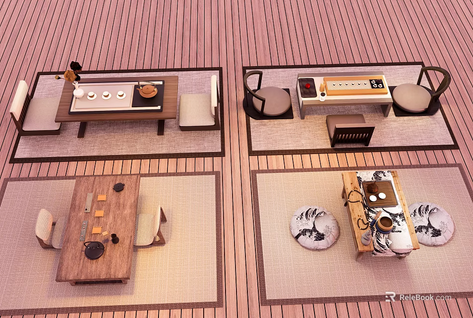 Traditional Wooden Tea Table And Chairs Set With Tea Trays And Decorative Mats 3d model 