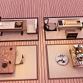 Traditional Wooden Tea Table And Chairs Set With Tea Trays And Decorative Mats