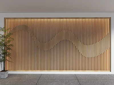 Modern Wooden Background Wall Design With Wavy Vertical Slats And Warm Lighting 3d model