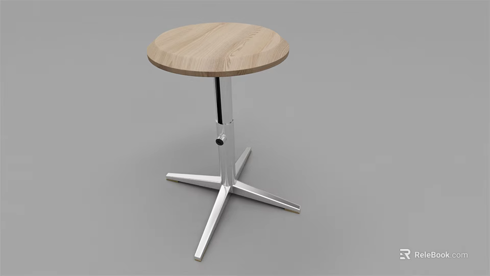 Round Wooden Seat Bar Stool With Adjustable Chrome Metal Cross Base 3d model 